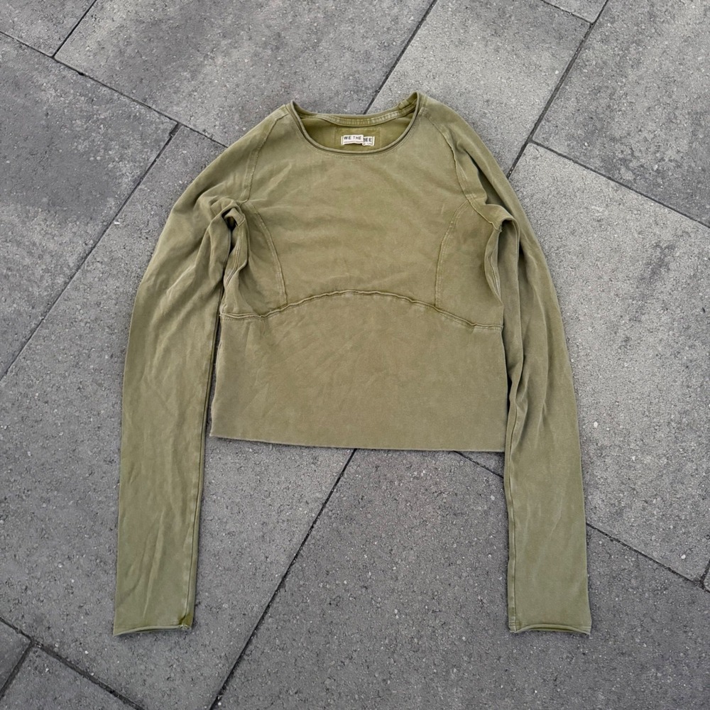 Free People We The Free Washed Olive Green Seam Detail Long Sleeve Crop Top L
